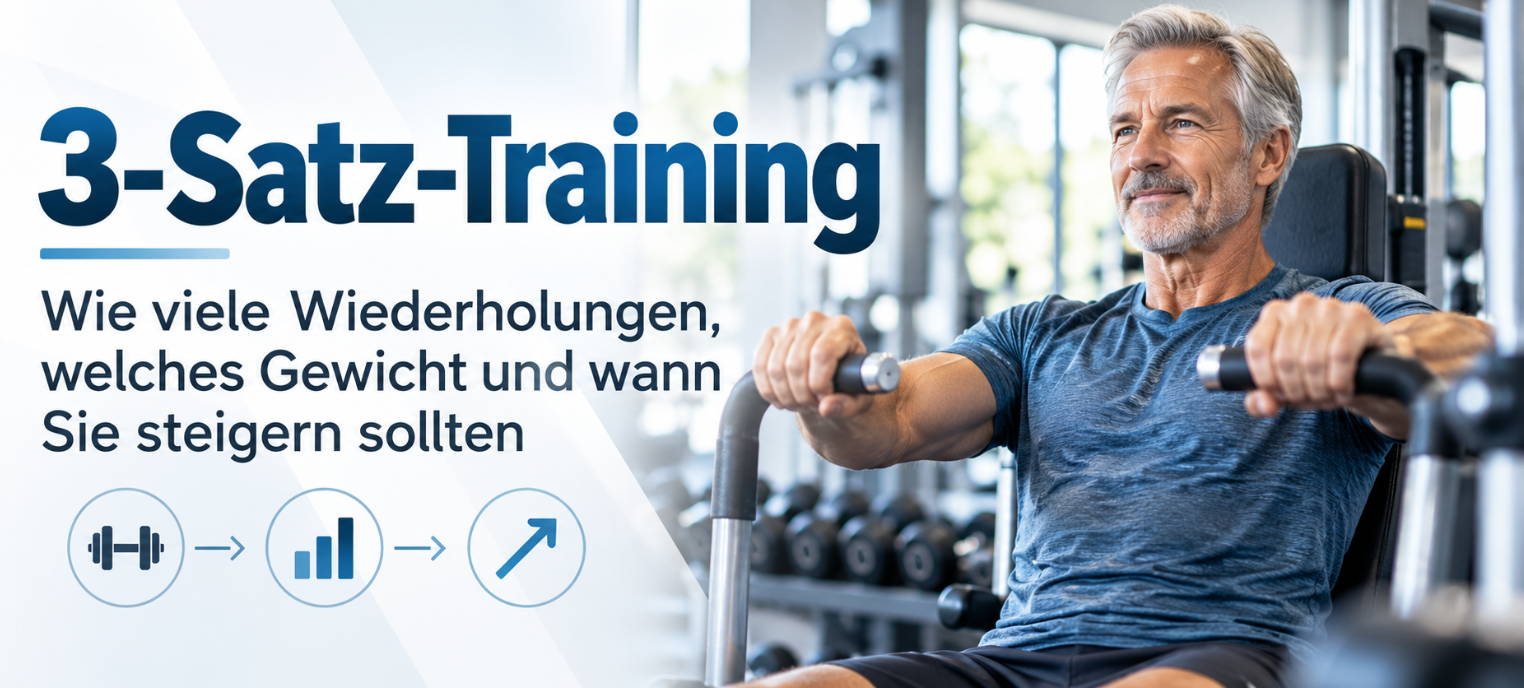 Fit wirkender Mann mit grauen Haaren beim Krafttraining an einer Brustpresse im Fitnessstudio. Links die Überschrift „3-Satz-Training“ mit Hinweisen zu Wiederholungen, Trainingsgewicht und Steigerung.