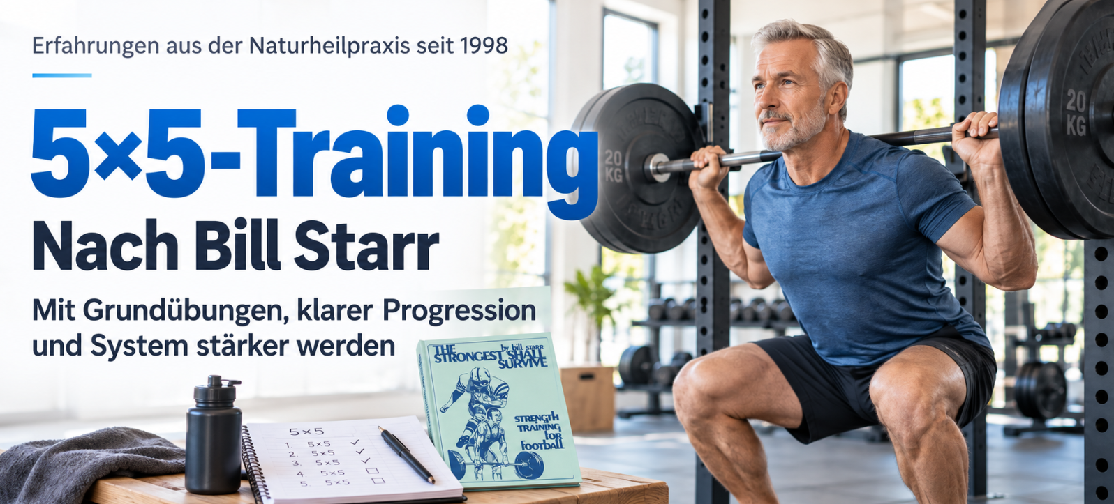 Älterer Mann beim Kniebeugentraining mit Langhantel im Fitnessstudio, daneben ein Trainingsplan und Bill Starrs Buch „The Strongest Shall Survive“.