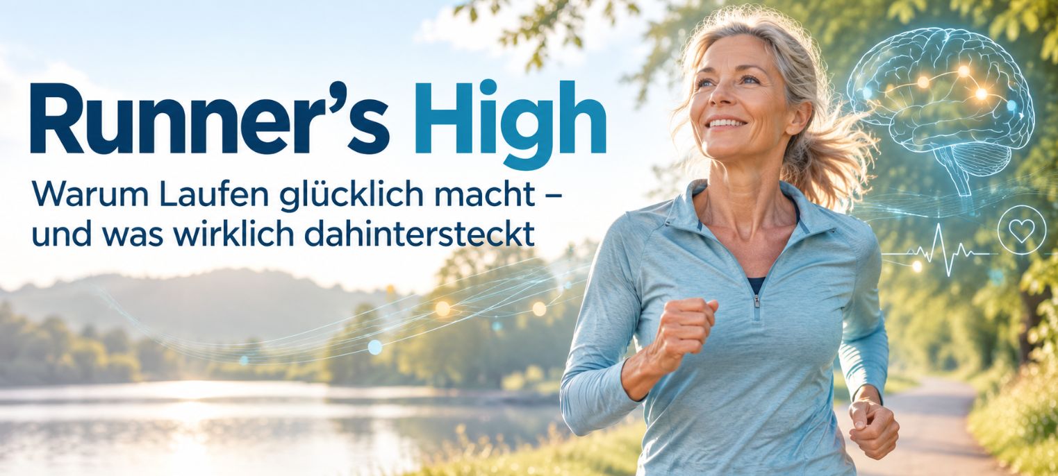 Lächelnde Läuferin auf einem Weg am See mit schematischer Gehirndarstellung und der Bildüberschrift „Runner’s High – Warum Laufen glücklich macht“.
