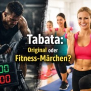 tabata-training Split-Bild zu Tabata Training, links erschöpfter Athlet am Ergometer, rechts fröhlicher Fitnesskurs, Original oder Fitness Märchen