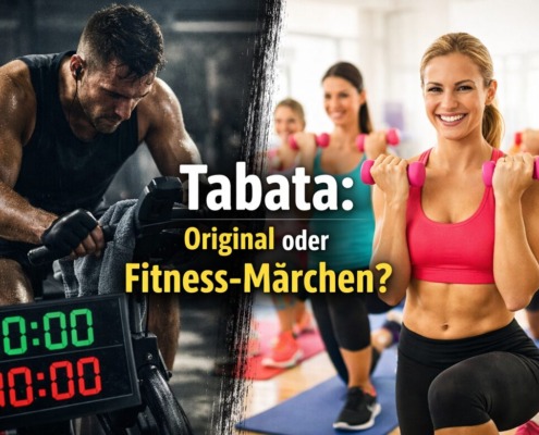 Split-Bild zu Tabata Training, links erschöpfter Athlet am Ergometer, rechts fröhlicher Fitnesskurs, Original oder Fitness Märchen