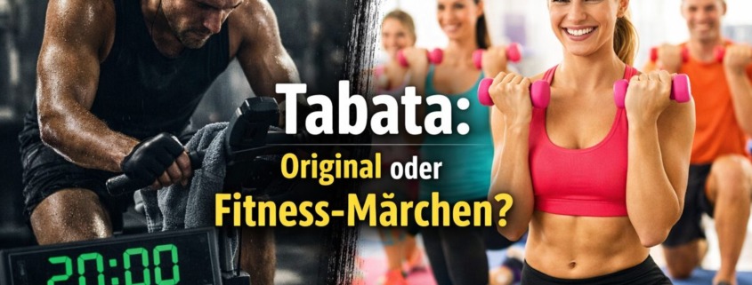 Split-Bild zu Tabata Training, links erschöpfter Athlet am Ergometer, rechts fröhlicher Fitnesskurs, Original oder Fitness Märchen