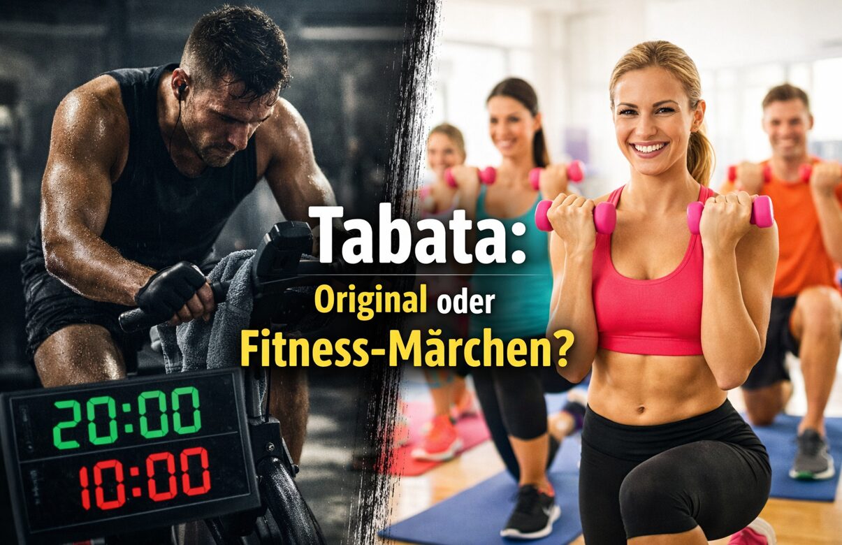 Split-Bild zu Tabata Training, links erschöpfter Athlet am Ergometer, rechts fröhlicher Fitnesskurs, Original oder Fitness Märchen