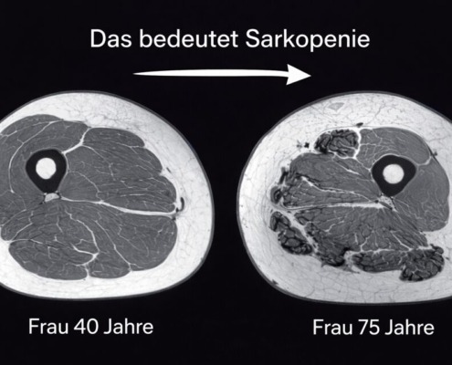 Vergleich MRT-Querschnitt Oberschenkel: Frau 40 Jahre mit hoher Muskelmasse vs. Frau 75 Jahre mit Sarkopenie und Fettinfiltration