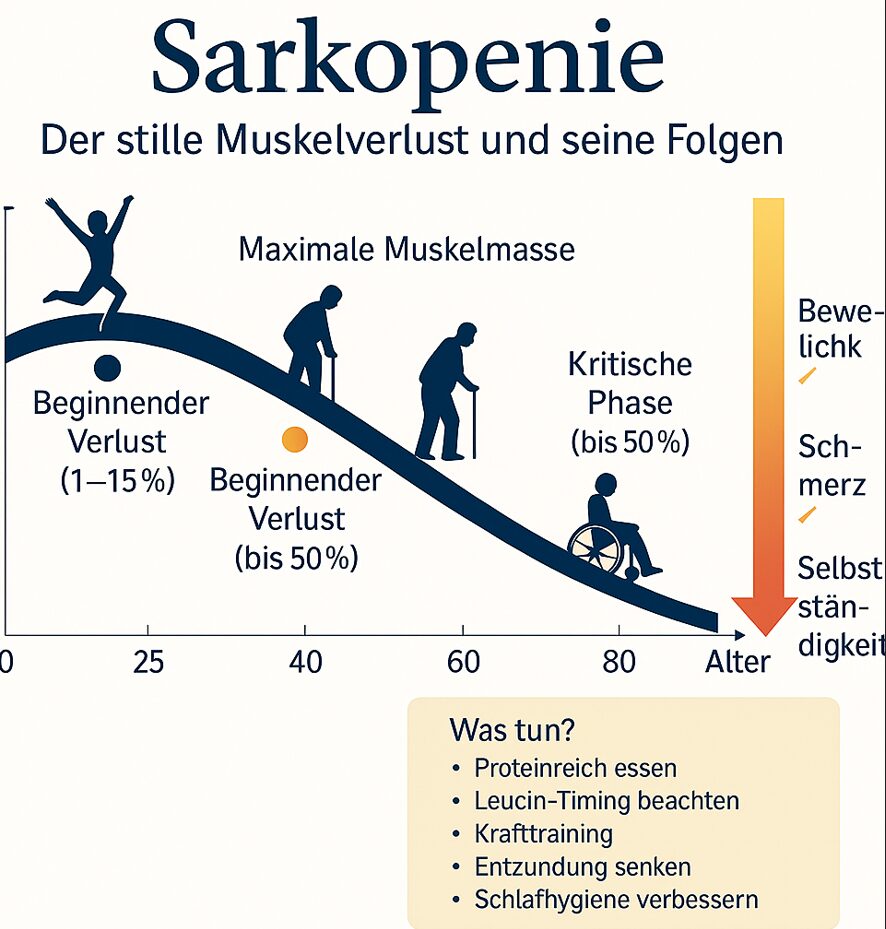Infografik zum Thema Sarkopenie: Eine Kurve zeigt den altersbedingten Rückgang der Muskelmasse von maximalem Niveau mit 25 Jahren bis zur kritischen Phase im Alter von über 80. Begleitet wird der Verlauf von Silhouetten, die zunehmende Gebrechlichkeit darstellen. Rechts visualisiert ein absteigender Pfeil den Verlust an Beweglichkeit, Schmerzfreiheit und Selbstständigkeit. Ein Infokasten unten listet Maßnahmen zur Vorbeugung: proteinreiche Ernährung, Leucin-Timing, Krafttraining, Entzündungshemmung und bessere Schlafhygiene – jeweils mit Icon.
