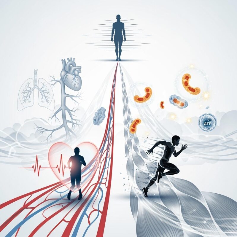 Illustration zweier Wege der Ausdauer: links Herz-Kreislauf-System mit Läufer und Blutgefäßen, rechts muskuläre Ausdauer mit Sprinter, Mitochondrien und ATP – beide Pfade führen zu vitaler Ganzkörperfigur.