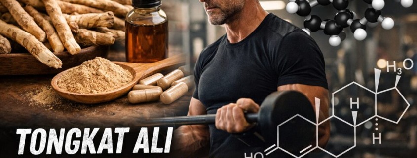 Tongkat Ali Wurzel und Kapseln neben Mann beim Krafttraining mit Testosteron-Struktur im Hintergrund