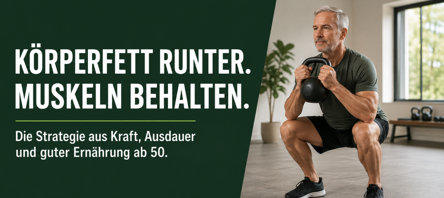 Mann über 50 beim Kettlebell-Training – Körperfett reduzieren und Muskulatur erhalten