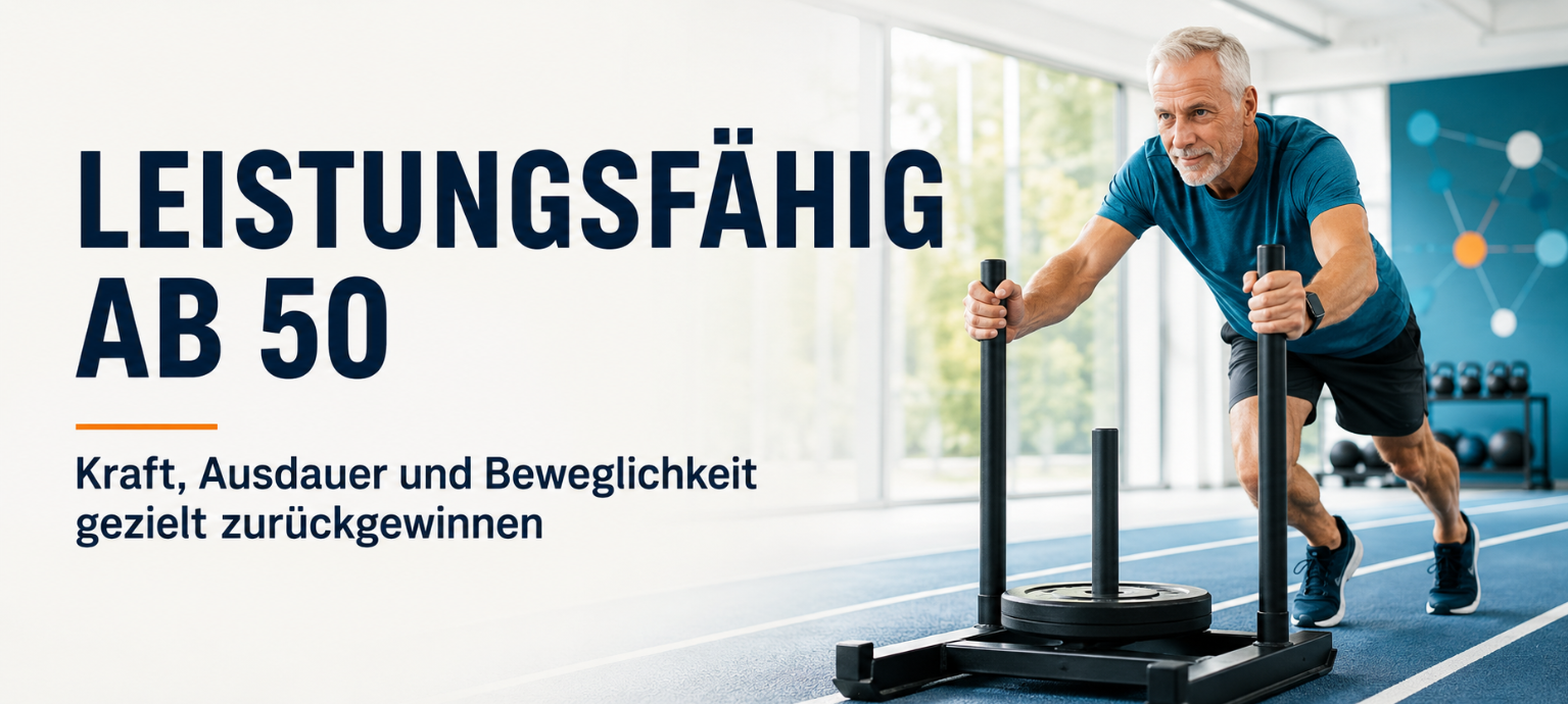 Leistungsfähig ab 50: Mann über 60 beim Schlitten-Training für Kraft, Ausdauer und Beweglichkeit
