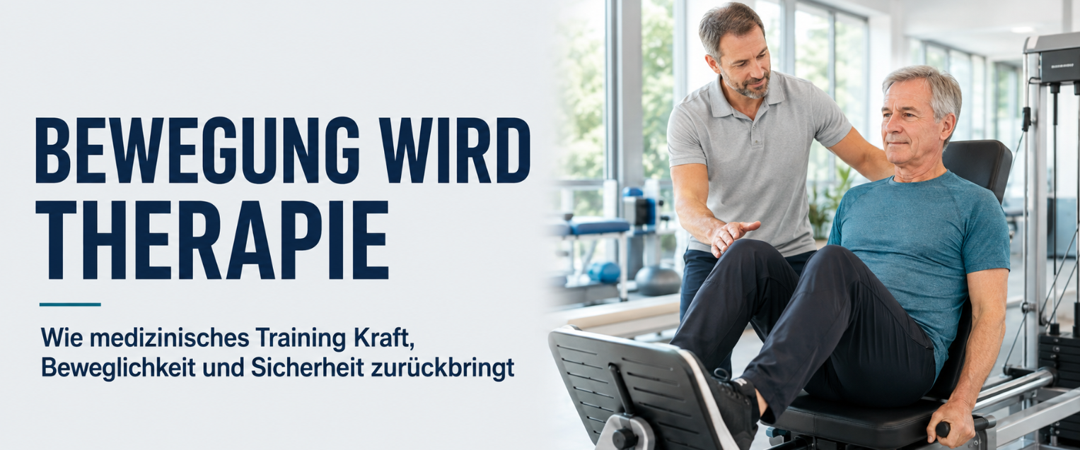 Medizinische Trainingstherapie: Mann über 60 trainiert unter fachlicher Anleitung an der Beinpresse.