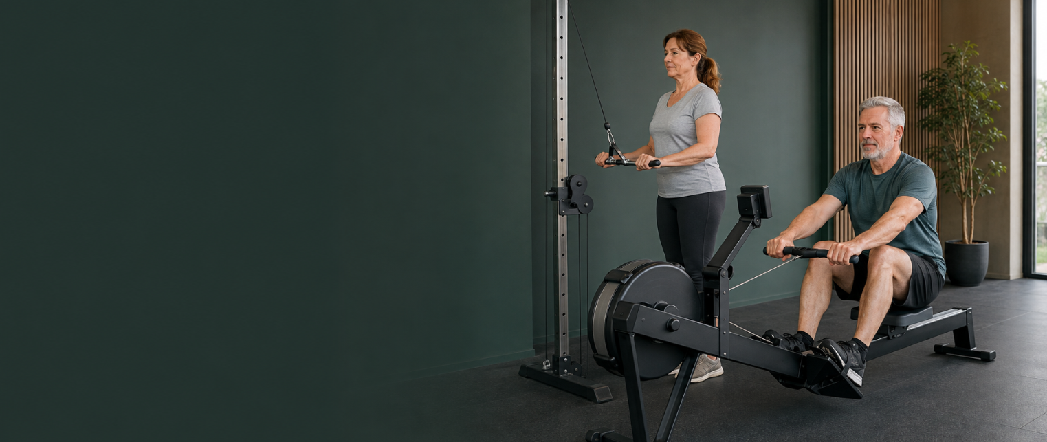 Mann und Frau ab 50 beim Kraft- und Ausdauertraining im Fitnessstudio