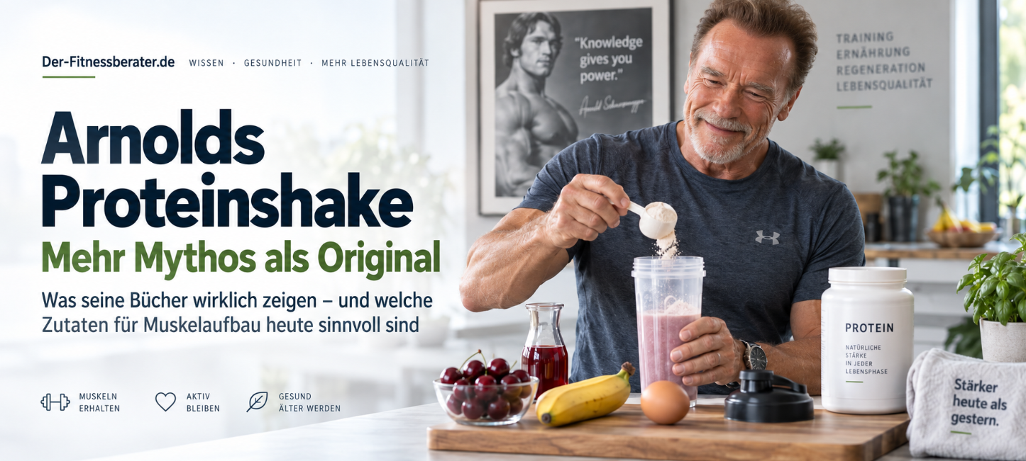 Arnold Schwarzenegger mit Proteinshake – KI-generierte Illustration zum Faktencheck über seine verschiedenen Shake-Rezepte